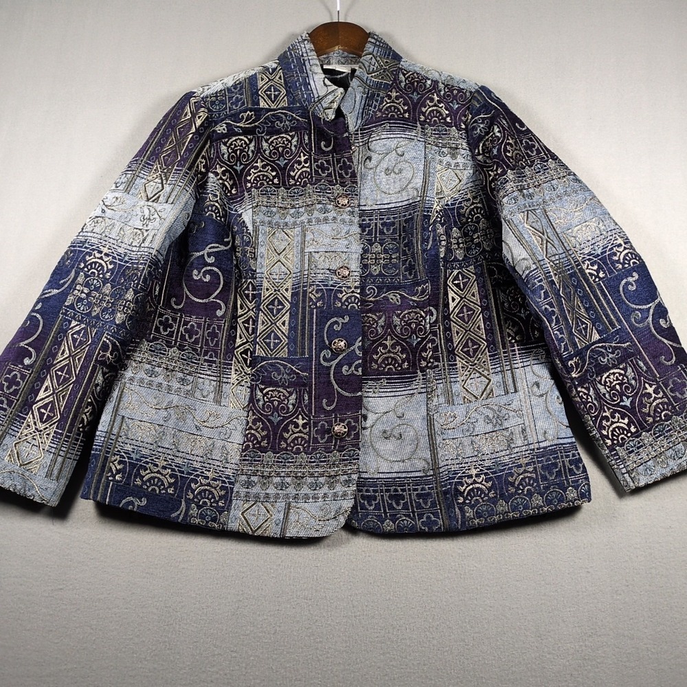 Dressbarn Jacquard Tapestry Jacket SZ 14/16 Blue Silver Fleur de Lis Print